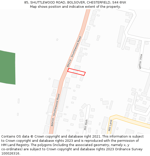 85, SHUTTLEWOOD ROAD, BOLSOVER, CHESTERFIELD, S44 6NX: Location map and indicative extent of plot