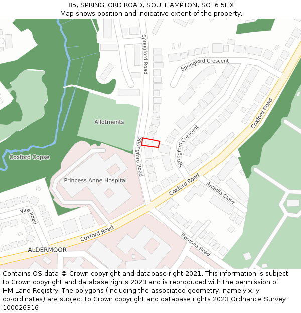 85, SPRINGFORD ROAD, SOUTHAMPTON, SO16 5HX: Location map and indicative extent of plot