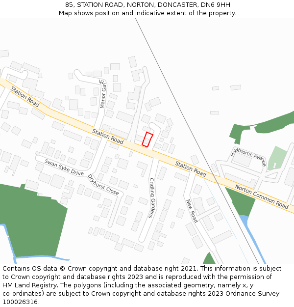 85, STATION ROAD, NORTON, DONCASTER, DN6 9HH: Location map and indicative extent of plot