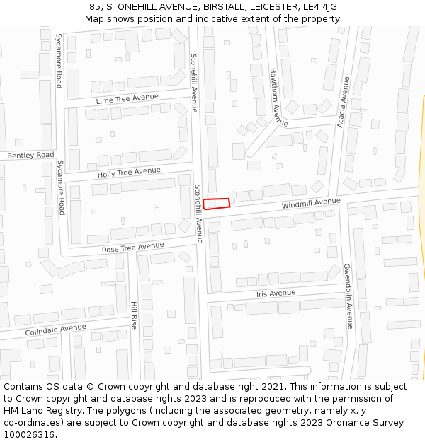 85, STONEHILL AVENUE, BIRSTALL, LEICESTER, LE4 4JG: Location map and indicative extent of plot