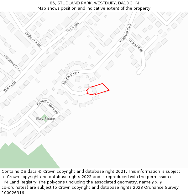 85, STUDLAND PARK, WESTBURY, BA13 3HN: Location map and indicative extent of plot