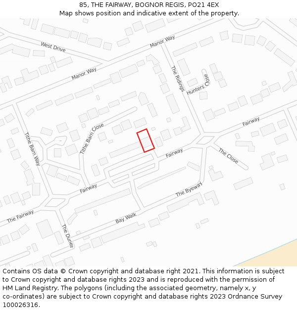 85, THE FAIRWAY, BOGNOR REGIS, PO21 4EX: Location map and indicative extent of plot