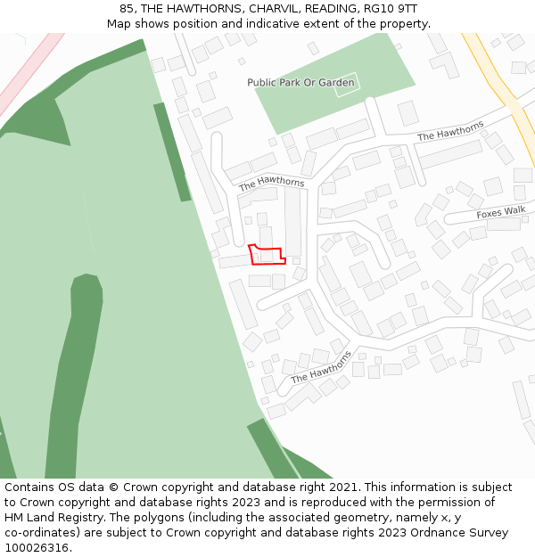 85, THE HAWTHORNS, CHARVIL, READING, RG10 9TT: Location map and indicative extent of plot