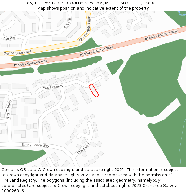 85, THE PASTURES, COULBY NEWHAM, MIDDLESBROUGH, TS8 0UL: Location map and indicative extent of plot