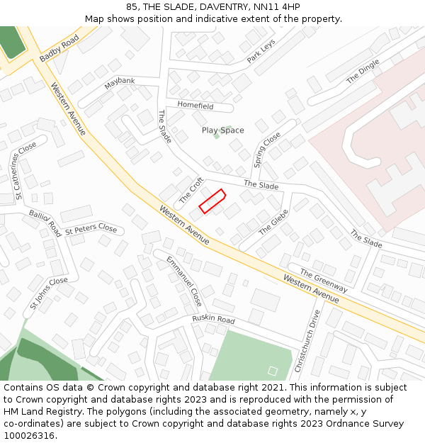 85, THE SLADE, DAVENTRY, NN11 4HP: Location map and indicative extent of plot