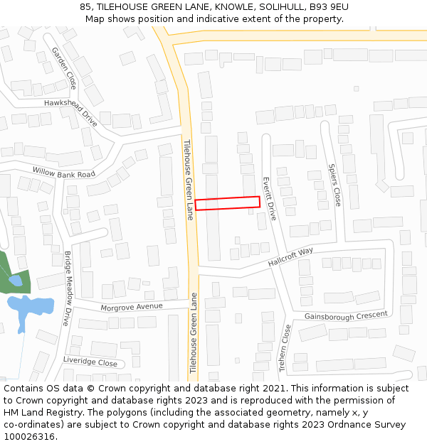 85, TILEHOUSE GREEN LANE, KNOWLE, SOLIHULL, B93 9EU: Location map and indicative extent of plot