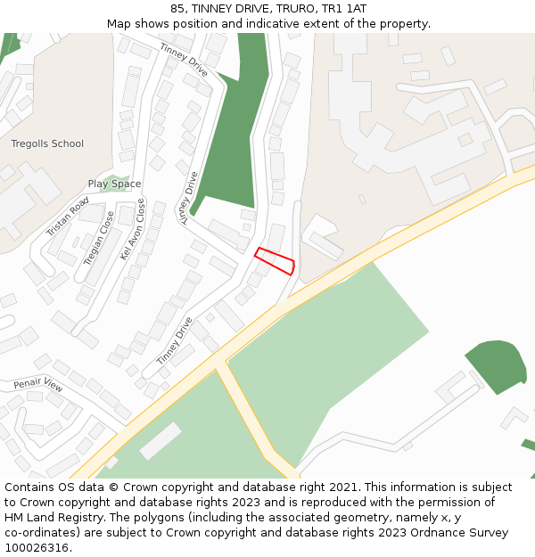 85, TINNEY DRIVE, TRURO, TR1 1AT: Location map and indicative extent of plot