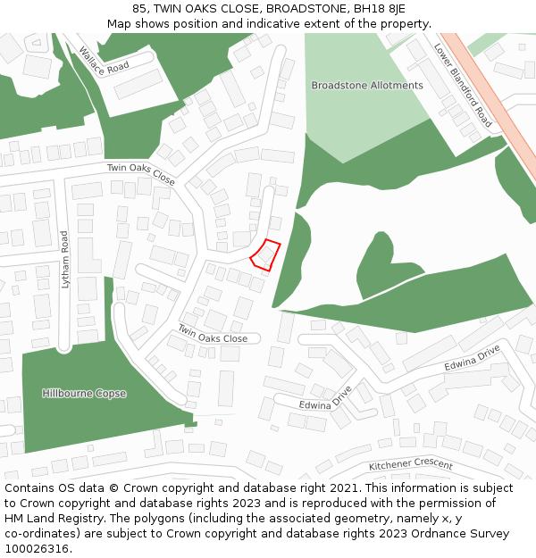 85, TWIN OAKS CLOSE, BROADSTONE, BH18 8JE: Location map and indicative extent of plot