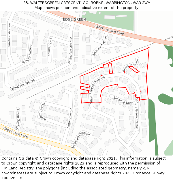 85, WALTERSGREEN CRESCENT, GOLBORNE, WARRINGTON, WA3 3WA: Location map and indicative extent of plot