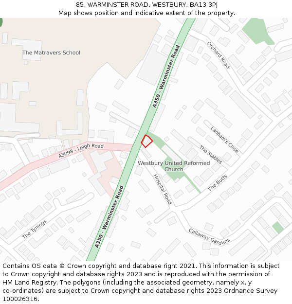 85, WARMINSTER ROAD, WESTBURY, BA13 3PJ: Location map and indicative extent of plot