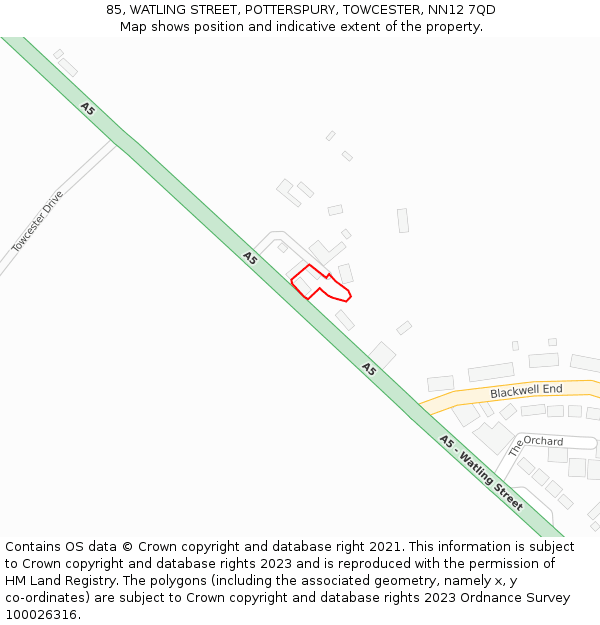 85, WATLING STREET, POTTERSPURY, TOWCESTER, NN12 7QD: Location map and indicative extent of plot