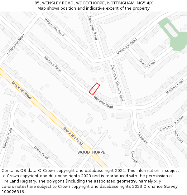 85, WENSLEY ROAD, WOODTHORPE, NOTTINGHAM, NG5 4JX: Location map and indicative extent of plot