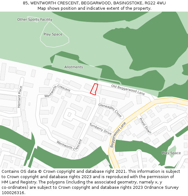 85, WENTWORTH CRESCENT, BEGGARWOOD, BASINGSTOKE, RG22 4WU: Location map and indicative extent of plot