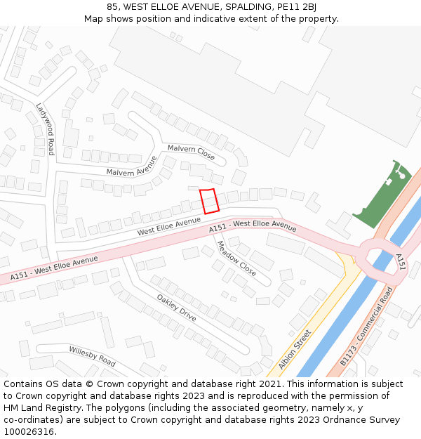 85, WEST ELLOE AVENUE, SPALDING, PE11 2BJ: Location map and indicative extent of plot