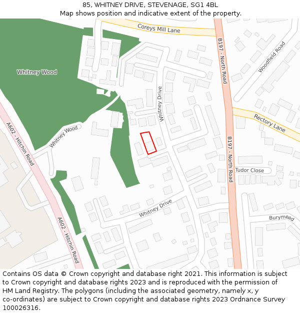85, WHITNEY DRIVE, STEVENAGE, SG1 4BL: Location map and indicative extent of plot