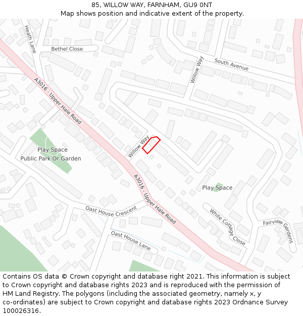 85, WILLOW WAY, FARNHAM, GU9 0NT: Location map and indicative extent of plot