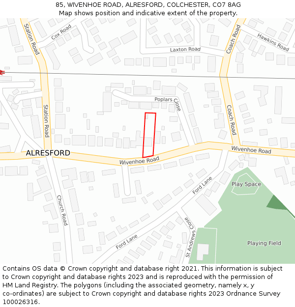 85, WIVENHOE ROAD, ALRESFORD, COLCHESTER, CO7 8AG: Location map and indicative extent of plot