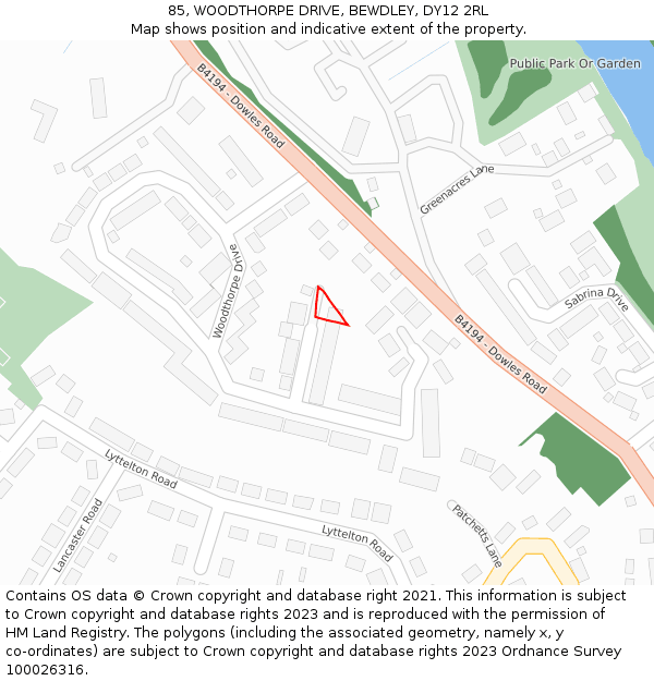 85, WOODTHORPE DRIVE, BEWDLEY, DY12 2RL: Location map and indicative extent of plot