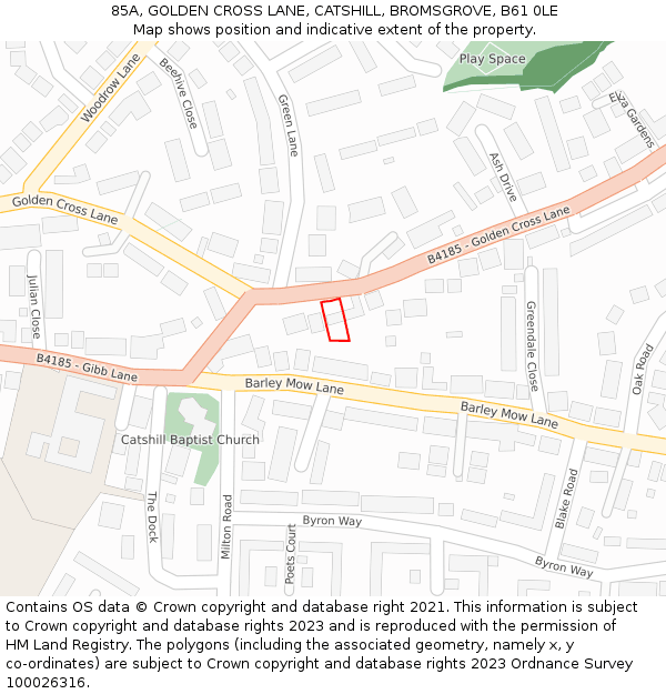 85A, GOLDEN CROSS LANE, CATSHILL, BROMSGROVE, B61 0LE: Location map and indicative extent of plot
