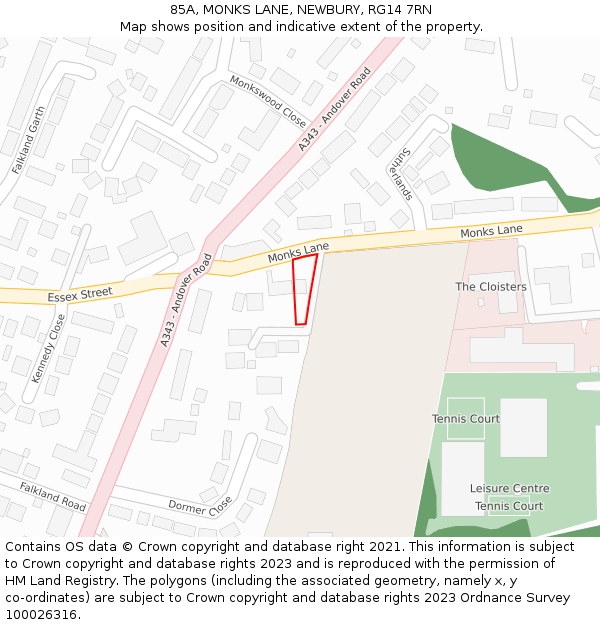 85A, MONKS LANE, NEWBURY, RG14 7RN: Location map and indicative extent of plot