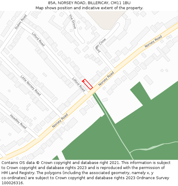 85A, NORSEY ROAD, BILLERICAY, CM11 1BU: Location map and indicative extent of plot