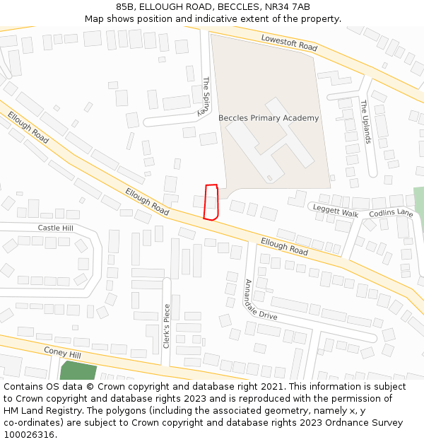 85B, ELLOUGH ROAD, BECCLES, NR34 7AB: Location map and indicative extent of plot