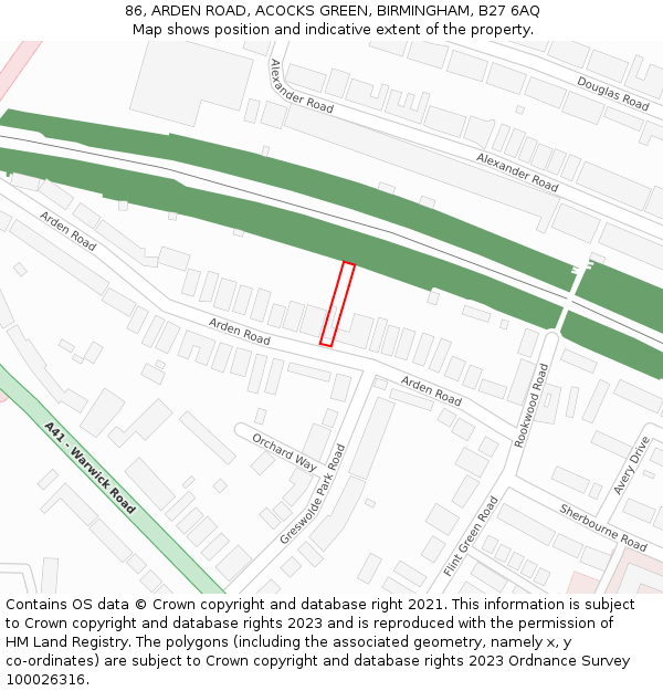 86, ARDEN ROAD, ACOCKS GREEN, BIRMINGHAM, B27 6AQ: Location map and indicative extent of plot