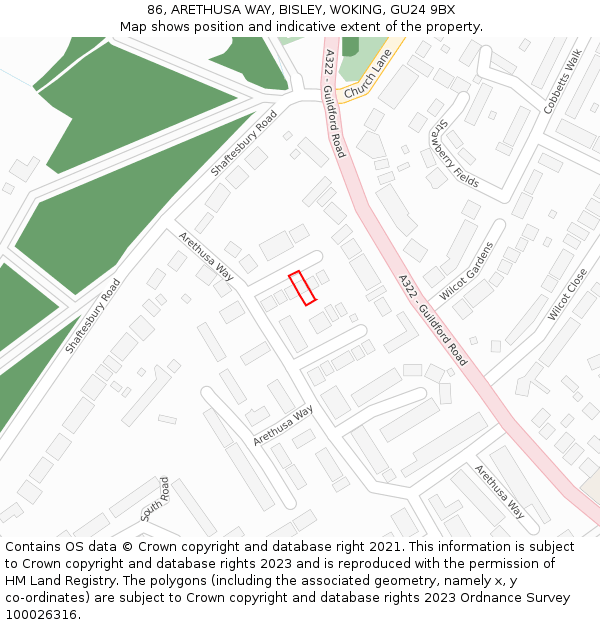 86, ARETHUSA WAY, BISLEY, WOKING, GU24 9BX: Location map and indicative extent of plot