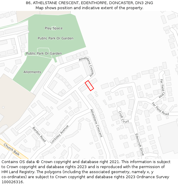 86, ATHELSTANE CRESCENT, EDENTHORPE, DONCASTER, DN3 2NG: Location map and indicative extent of plot