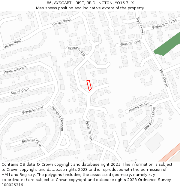 86, AYSGARTH RISE, BRIDLINGTON, YO16 7HX: Location map and indicative extent of plot