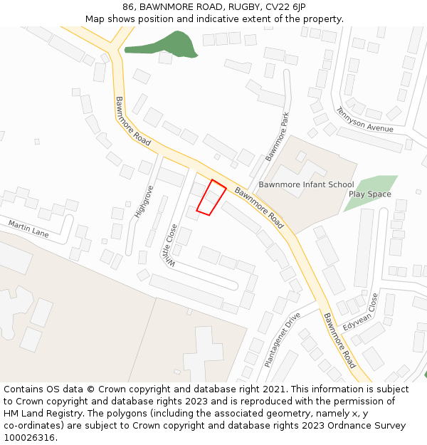 86, BAWNMORE ROAD, RUGBY, CV22 6JP: Location map and indicative extent of plot