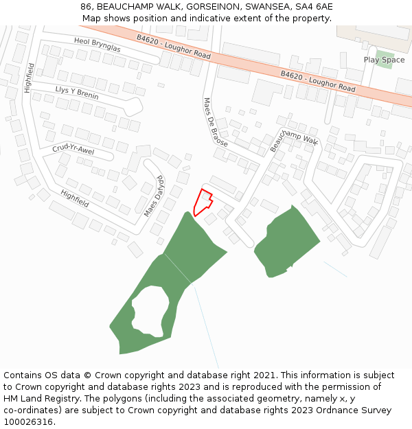 86, BEAUCHAMP WALK, GORSEINON, SWANSEA, SA4 6AE: Location map and indicative extent of plot