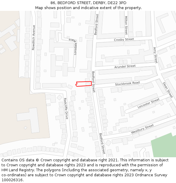 86, BEDFORD STREET, DERBY, DE22 3PD: Location map and indicative extent of plot