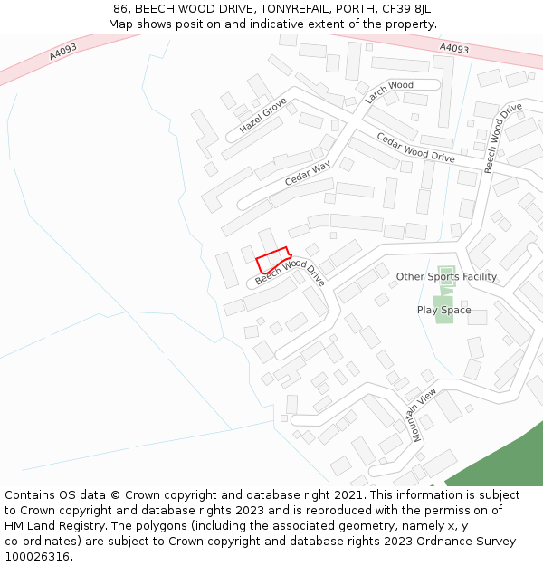 86, BEECH WOOD DRIVE, TONYREFAIL, PORTH, CF39 8JL: Location map and indicative extent of plot