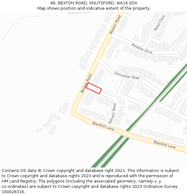 86, BEXTON ROAD, KNUTSFORD, WA16 0DX: Location map and indicative extent of plot