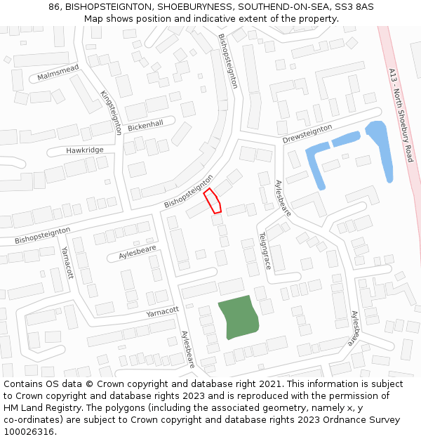 86, BISHOPSTEIGNTON, SHOEBURYNESS, SOUTHEND-ON-SEA, SS3 8AS: Location map and indicative extent of plot