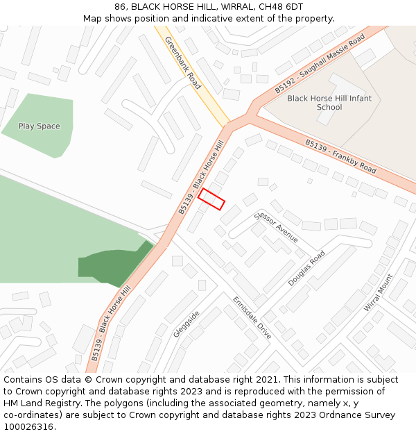 86, BLACK HORSE HILL, WIRRAL, CH48 6DT: Location map and indicative extent of plot