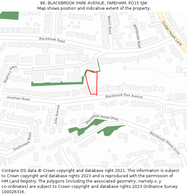 86, BLACKBROOK PARK AVENUE, FAREHAM, PO15 5JW: Location map and indicative extent of plot