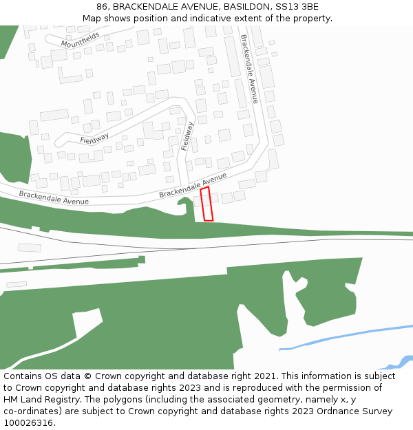 86, BRACKENDALE AVENUE, BASILDON, SS13 3BE: Location map and indicative extent of plot