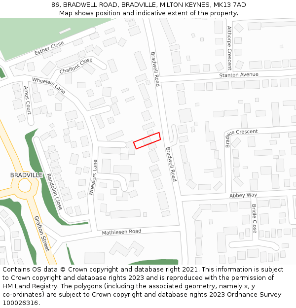 86, BRADWELL ROAD, BRADVILLE, MILTON KEYNES, MK13 7AD: Location map and indicative extent of plot