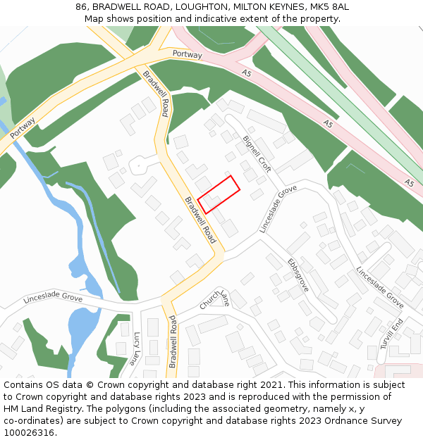 86, BRADWELL ROAD, LOUGHTON, MILTON KEYNES, MK5 8AL: Location map and indicative extent of plot