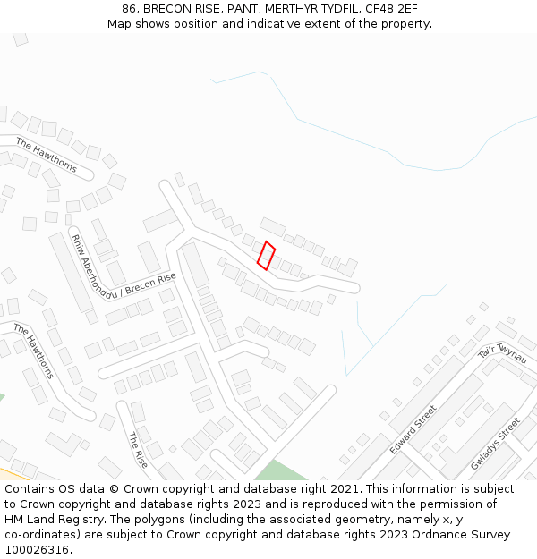 86, BRECON RISE, PANT, MERTHYR TYDFIL, CF48 2EF: Location map and indicative extent of plot