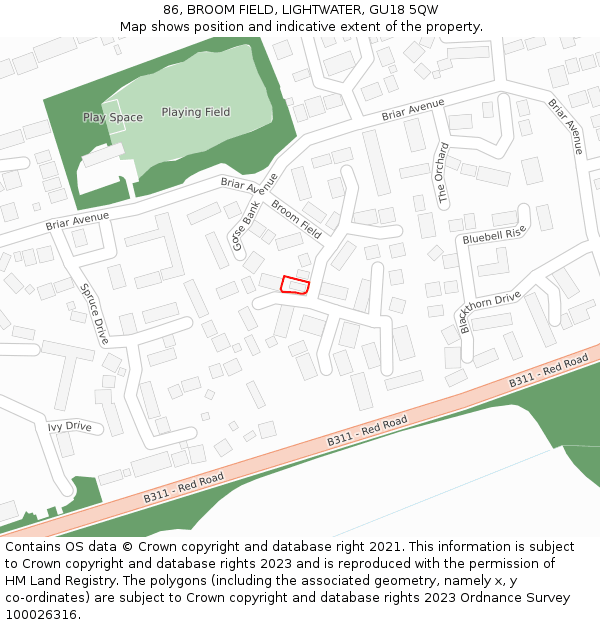 86, BROOM FIELD, LIGHTWATER, GU18 5QW: Location map and indicative extent of plot