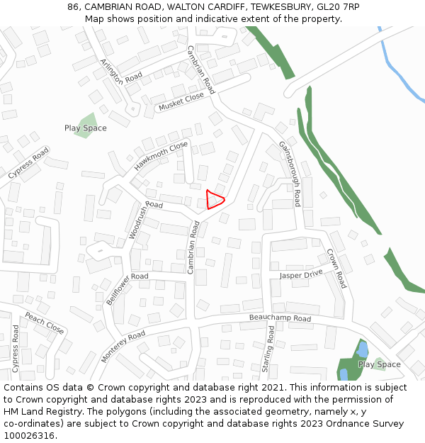 86, CAMBRIAN ROAD, WALTON CARDIFF, TEWKESBURY, GL20 7RP: Location map and indicative extent of plot