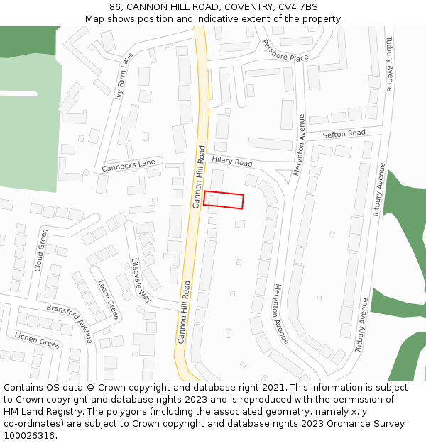 86, CANNON HILL ROAD, COVENTRY, CV4 7BS: Location map and indicative extent of plot