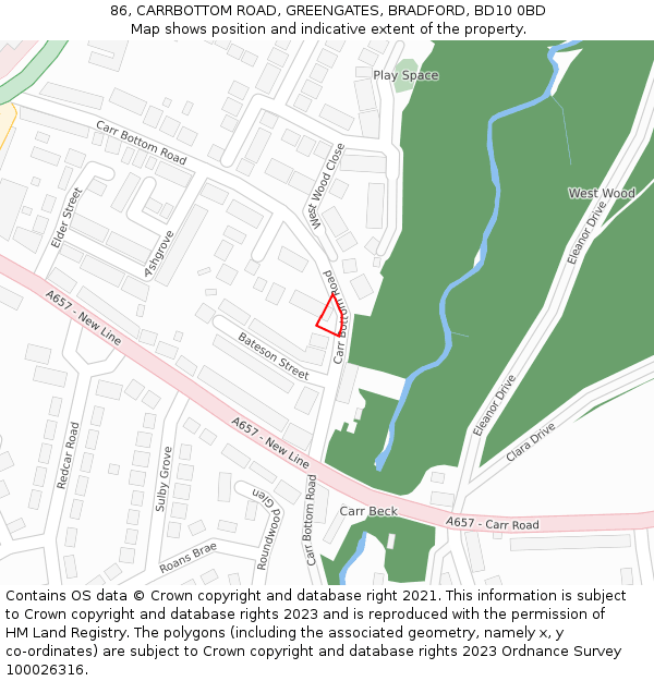 86, CARRBOTTOM ROAD, GREENGATES, BRADFORD, BD10 0BD: Location map and indicative extent of plot