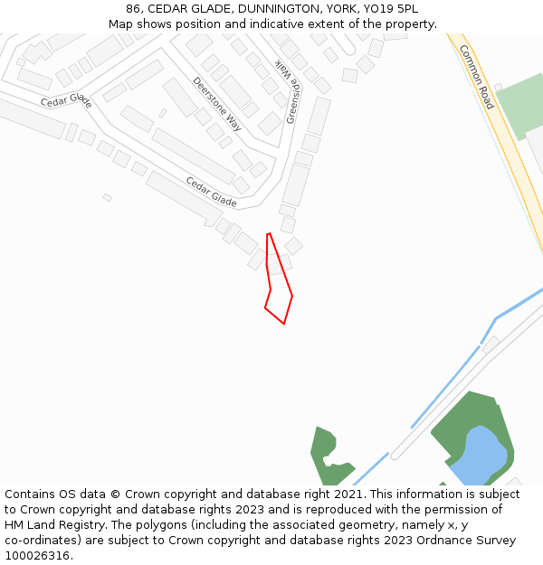 86, CEDAR GLADE, DUNNINGTON, YORK, YO19 5PL: Location map and indicative extent of plot