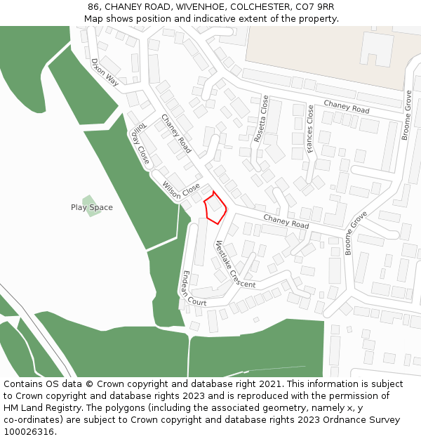 86, CHANEY ROAD, WIVENHOE, COLCHESTER, CO7 9RR: Location map and indicative extent of plot