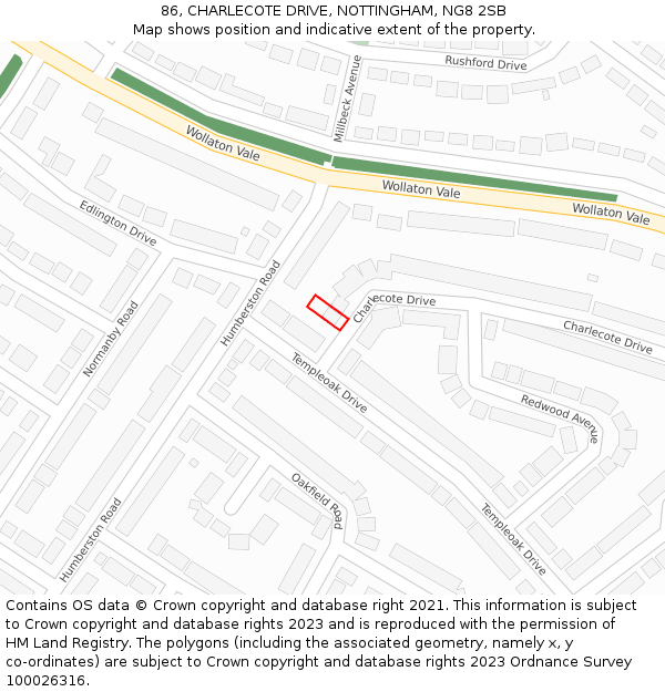 86, CHARLECOTE DRIVE, NOTTINGHAM, NG8 2SB: Location map and indicative extent of plot