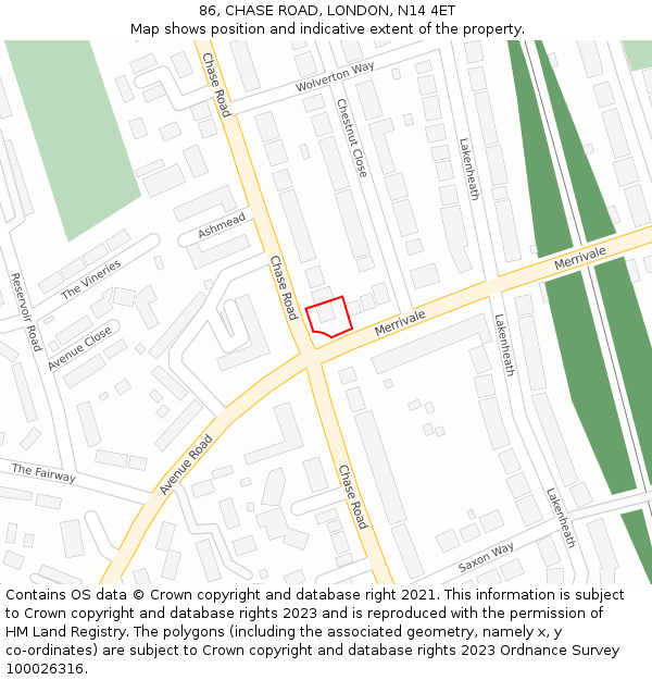 86, CHASE ROAD, LONDON, N14 4ET: Location map and indicative extent of plot